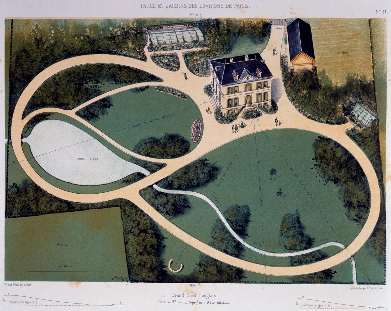 Großer englischer Garten von 6300 Quadratmetern, Illustration aus Parcs et Jardins des environs de Paris (Parks und Gärten rund um Paris), ca. 1850, Lithographie von Victor Petit (1818-1871), Frankreich von Victor Petit