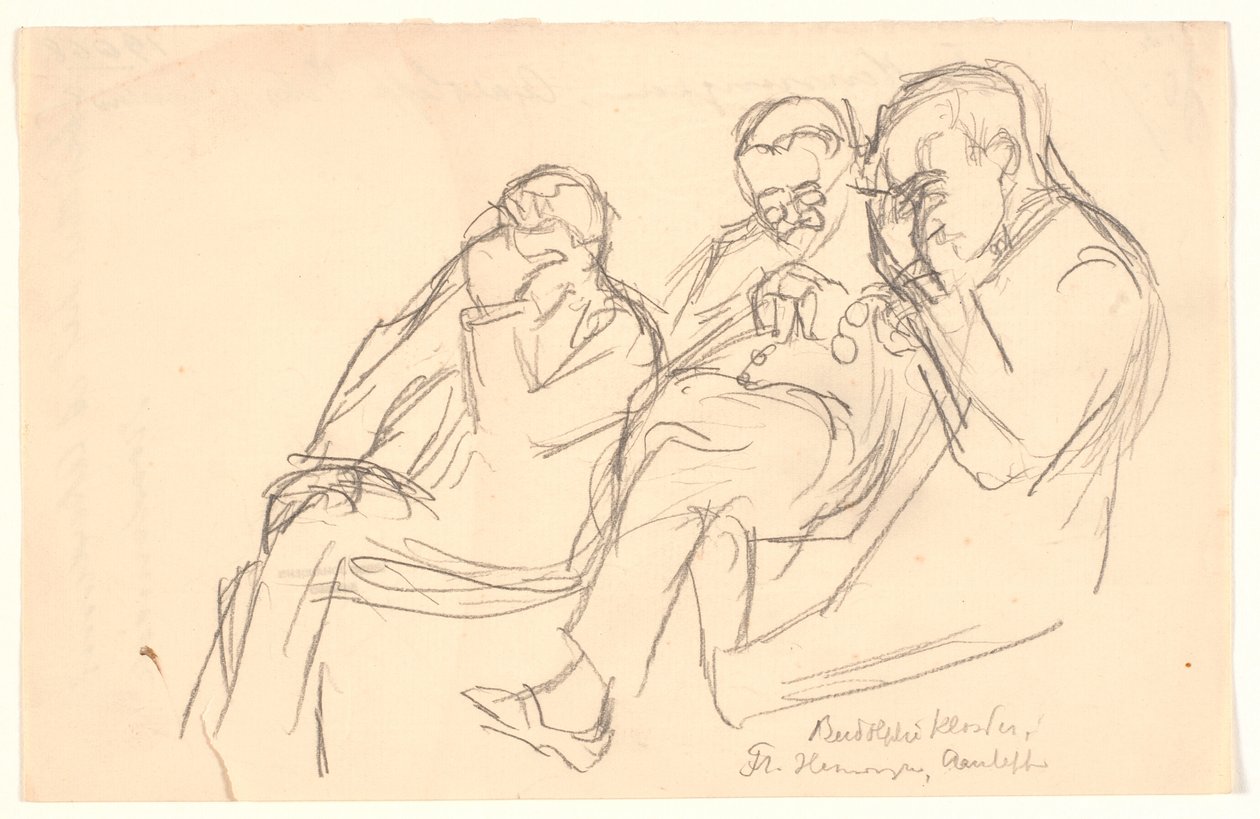 Figurenskizze. Drei sitzende Männer: Fr. Henningsen, Aarsleff und P. Johansen von Viggo Johansen