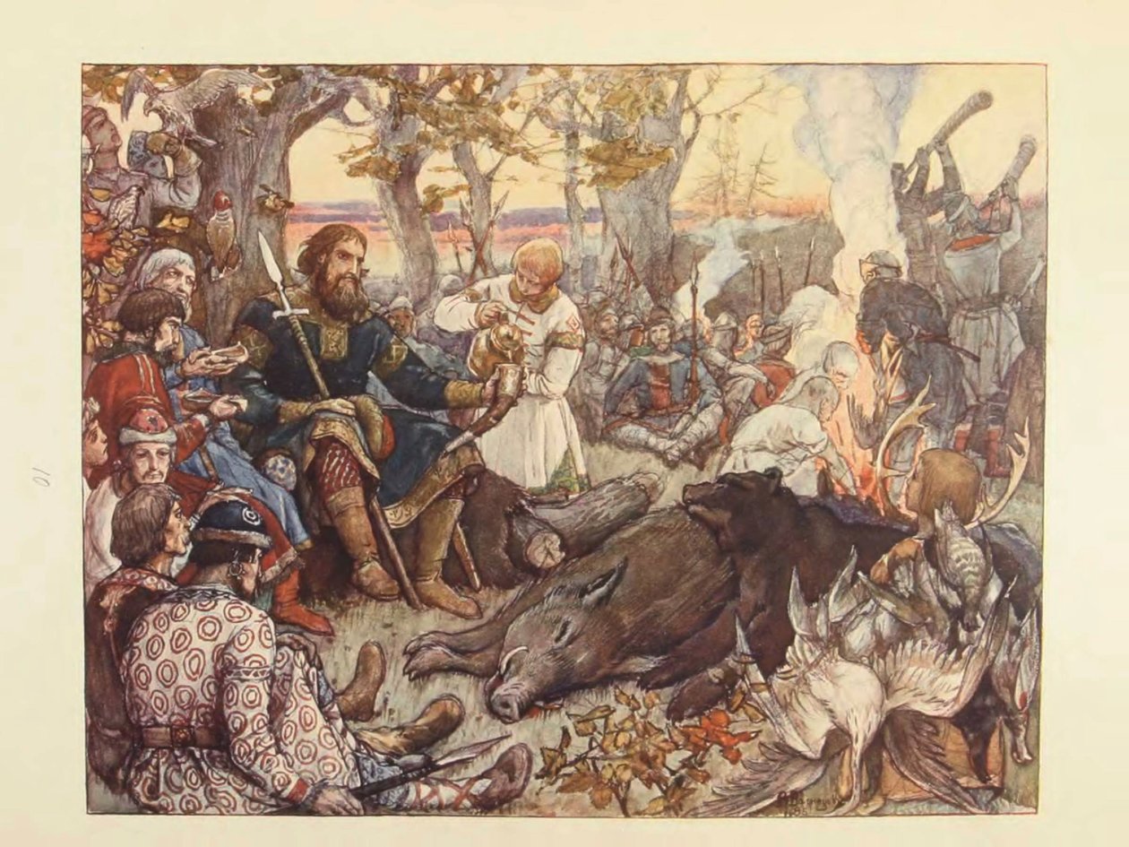 Ruhe des Großfürsten Wladimir II. Monomach auf der Jagd. Die kaiserliche Jagd in Russland von N. Kutepov von Viktor Mikhaylovich Vasnetsov