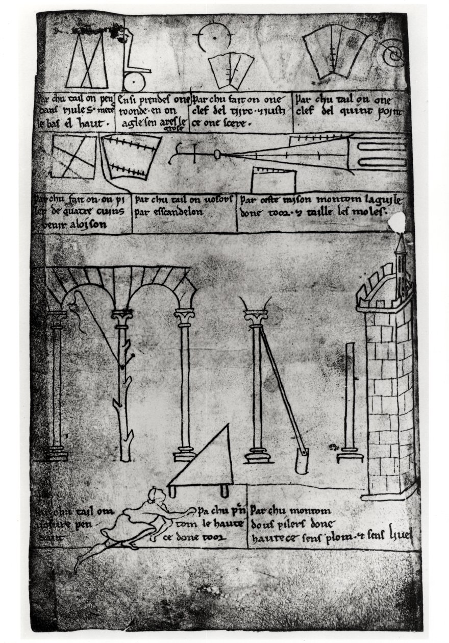 Ms.Fr.19093 fol.20v Geometrische Figuren für den Bau, Bögen und ein Mann, der die Höhe eines Turms misst (Faksimile) von Villard de Honnecourt