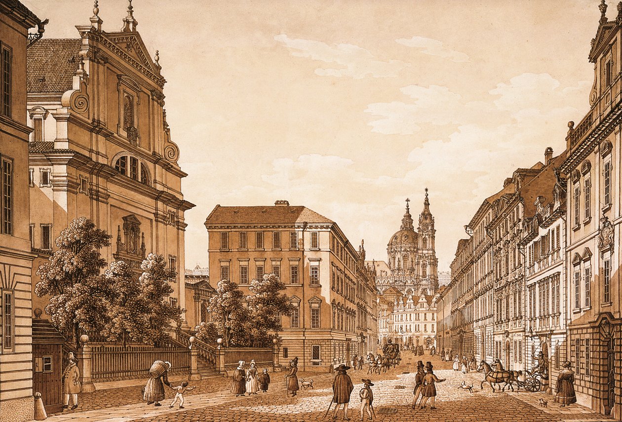 Blick auf die Karmelitská-Straße in Richtung der St.-Nikolaus-Kirche, Prag von Vincenc Morstadt