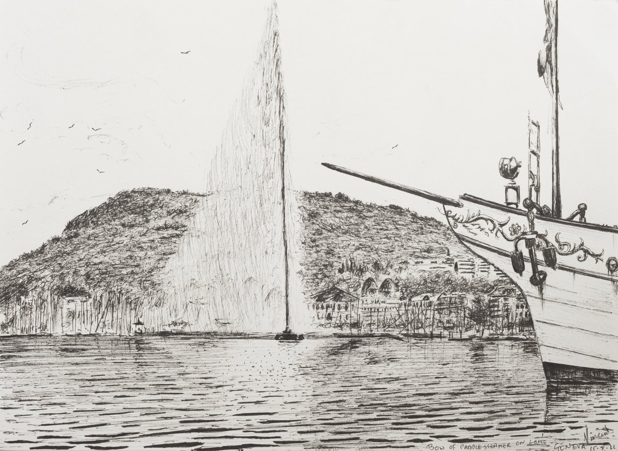 Genfer Brunnen und Bug eines Vergnügungskreuzers, 2011 von Vincent Alexander Booth