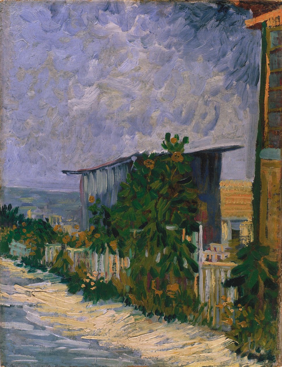 Schuppen in Montmartre mit Sonnenblume von Vincent van Gogh