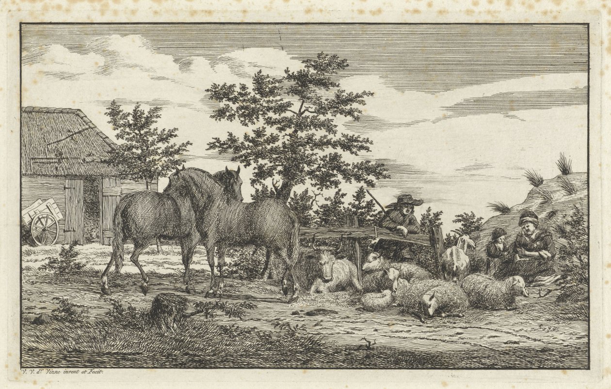 Hirte bei sitzender Frau und Kindern bei Schafen und zwei Pferden von Vincent Jansz. van der Vinne