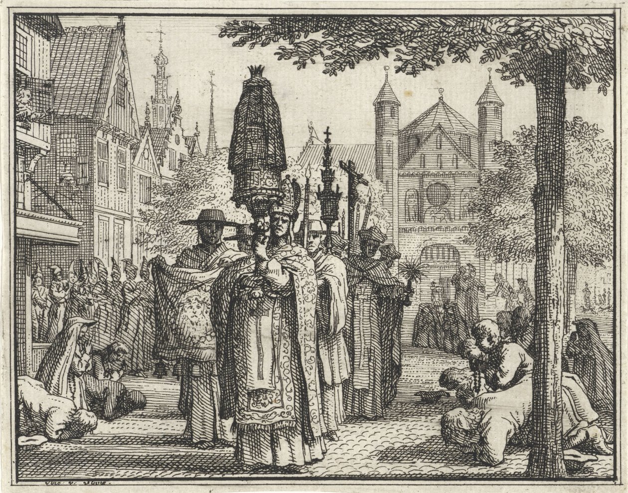 Prozession mit einer Statue durch eine Straße von Vincent Laurensz. van der Vinne (II)