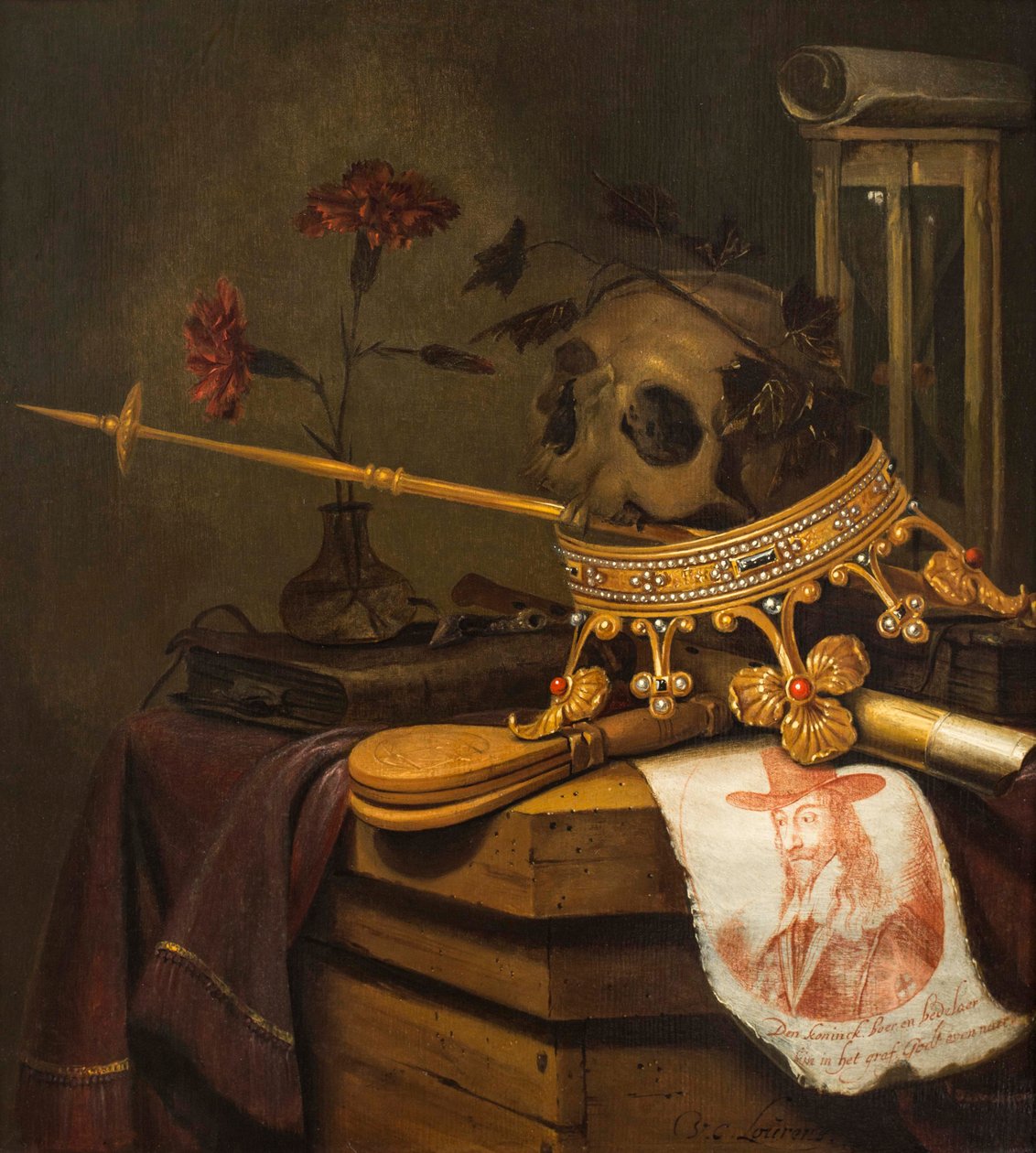 Ein Vanitas-Stillleben mit einem Schädel, Krone, Zepter, Flöte, Blasebalg, Sanduhr, Nelken in einer Glasvase, Schriftrolle, Buch und einem gravierten Porträt von Charles I. von Vincent Laurensz van der Vinne