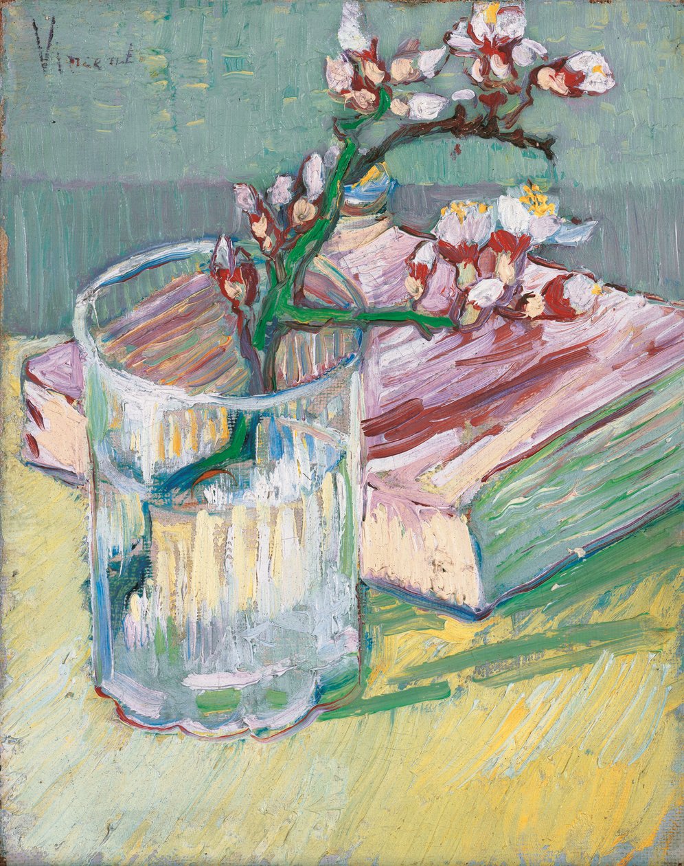 Blühender Mandelzweig in einem Glas mit einem Buch, 1888 von Vincent van Gogh