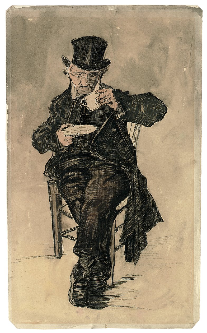Armenhausbewohner mit Zylinder trinkt eine Tasse Kaffee, 1882 von Vincent van Gogh