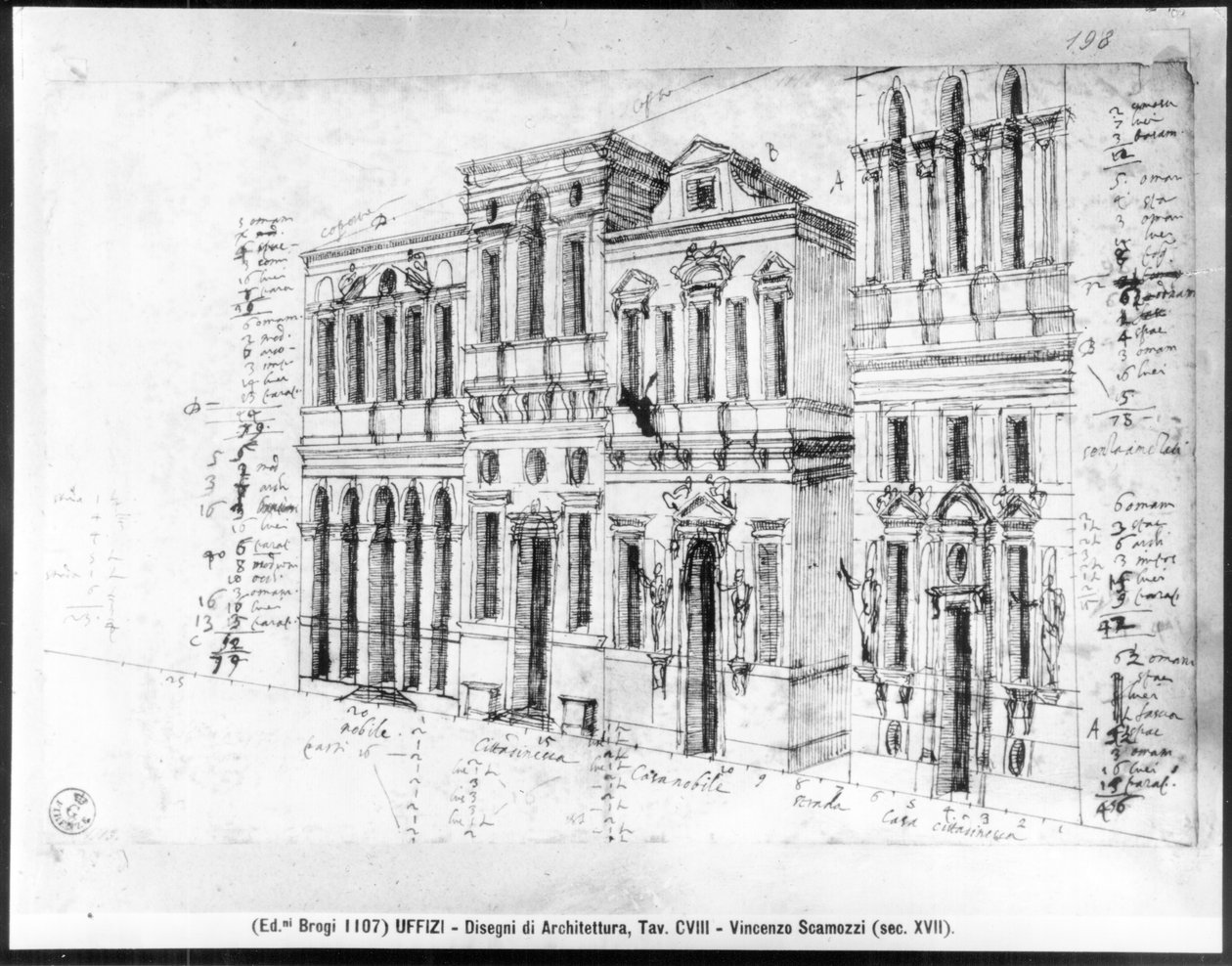 Zeichnung der Fassade der Galleria degli Uffizi, entworfen von Giorgio Vasari (1511-74) und vollendet von Bernardo Buontalenti (1531-1608) und Alfonso Parigi (gest. 1590) im Jahr 1580 von Vincenzo Scamozzi