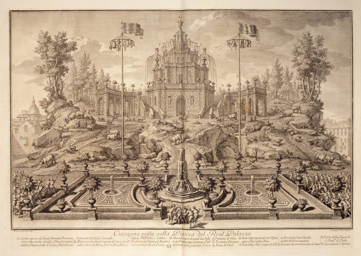 Die Cuccagna, aus Narrazione delle Solemni Reali Feste, graviert von Giuseppe Vasi (1710-82), veröffentlicht 1749 von Vincenzo dal Re