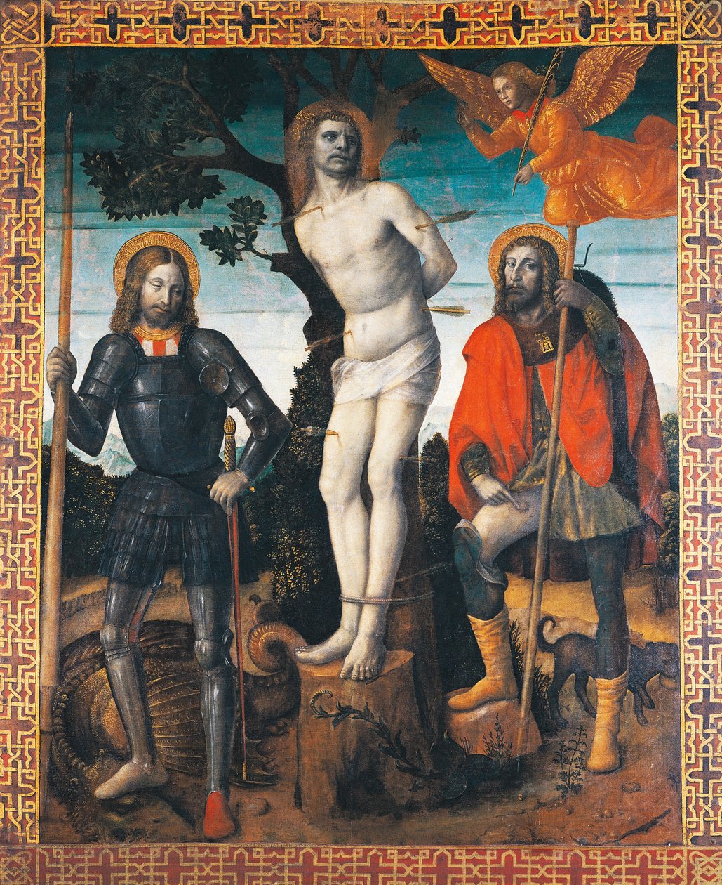 Heiliger Sebastian, Heiliger Rochus und Heiliger Georg, Rückseite des Prozessionsbanners von Orzinuovi von Vincenzo Foppa
