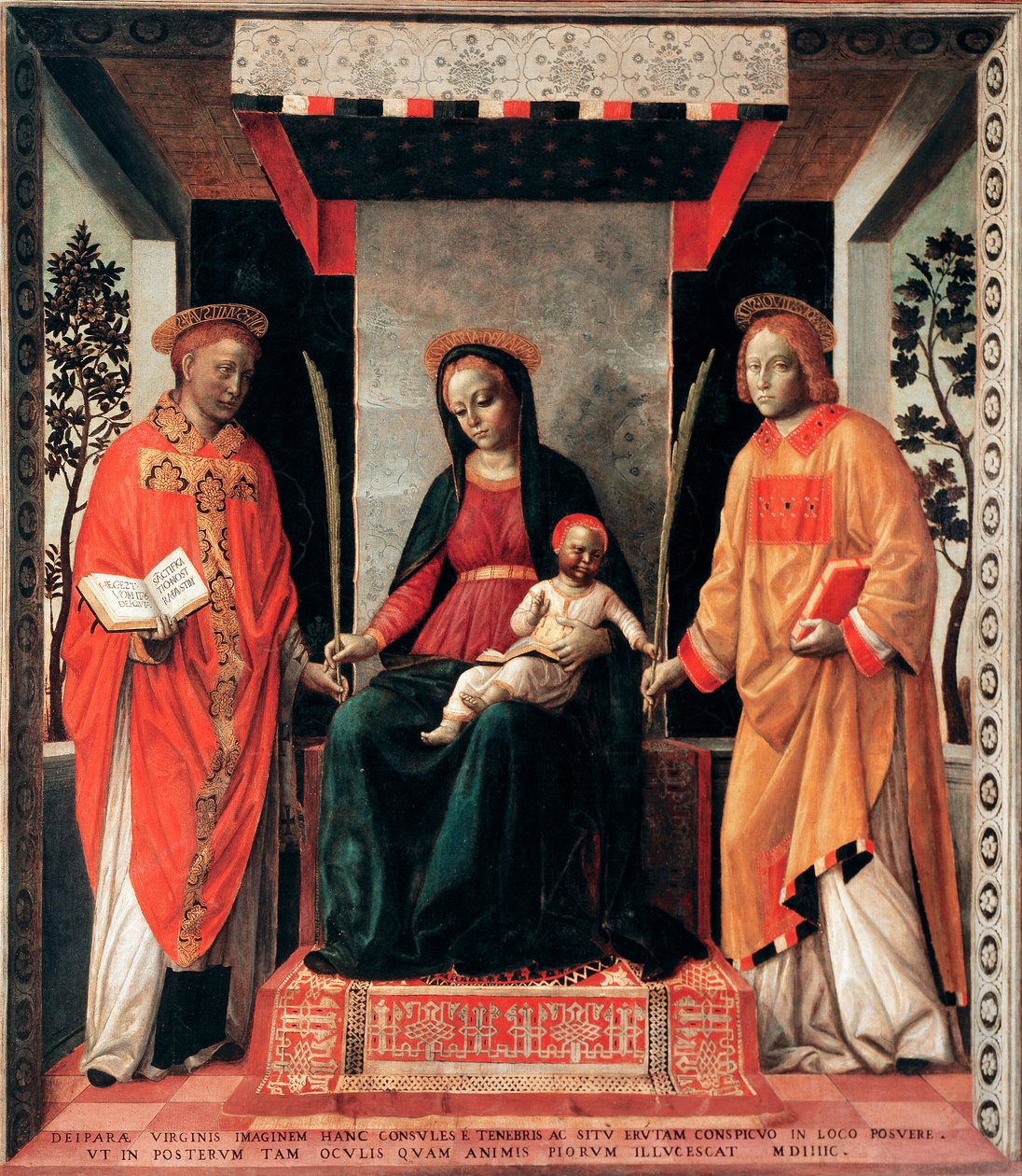 Die Jungfrau und das Kind umgeben von den Heiligen Faustin und Giovita (Faustino und Giovita Schutzpatrone von Brescia) Gemälde von Vincenzo Foppa (ca. 1427-ca. 1515) Brescia, Pinacoteca Tosio Martinengo Italien von Vincenzo Foppa