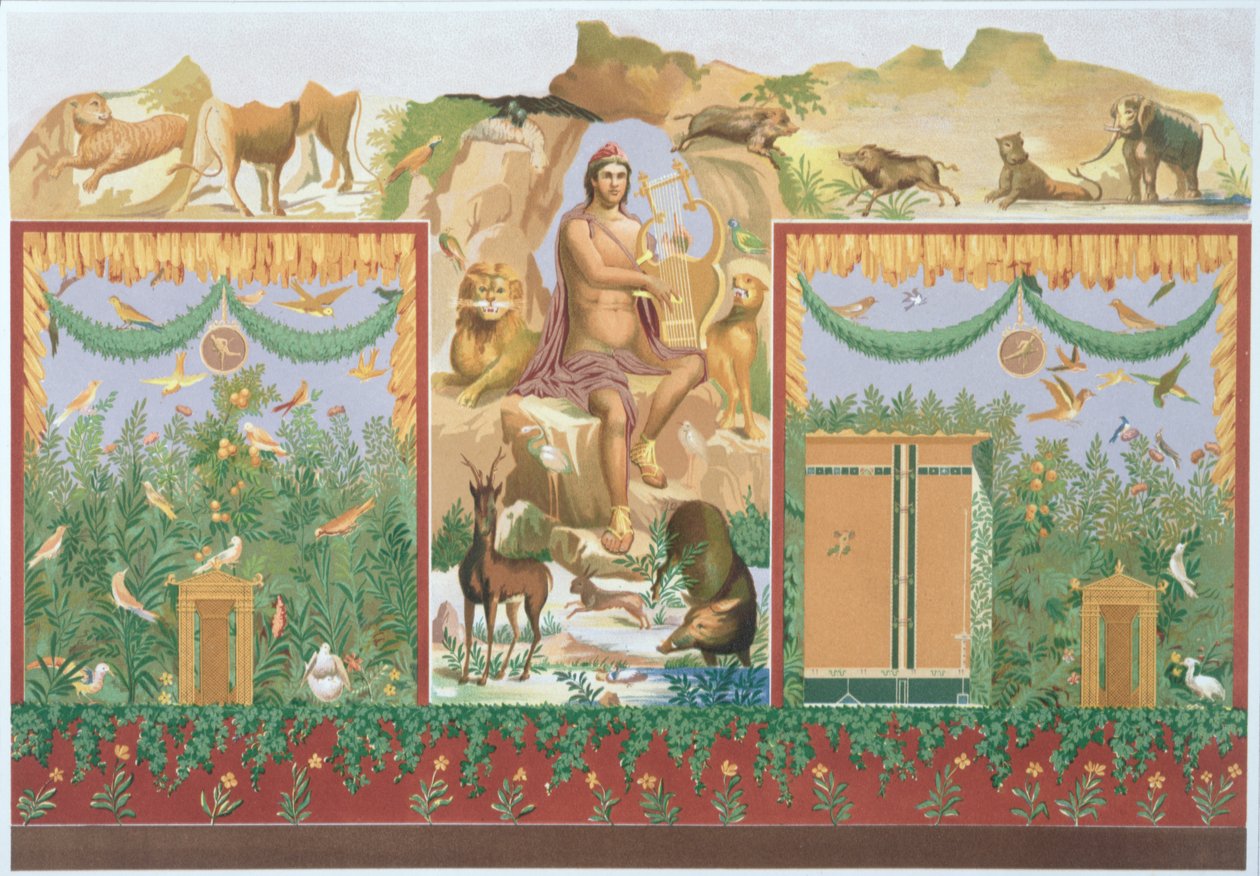 Orpheus zähmt die Tiere, Rekonstruktion eines Freskos aus Pompeji von Vincenzo Loria