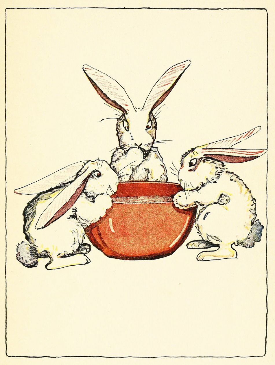 Flopsy, Mopsy und Cotton-Tail hatten Brot und Milch und Brombeeren zum Abendessen, aus The Tale of Peter Rabbit, veröffentlicht 1916 (Farblithografie) von Virginia Albert