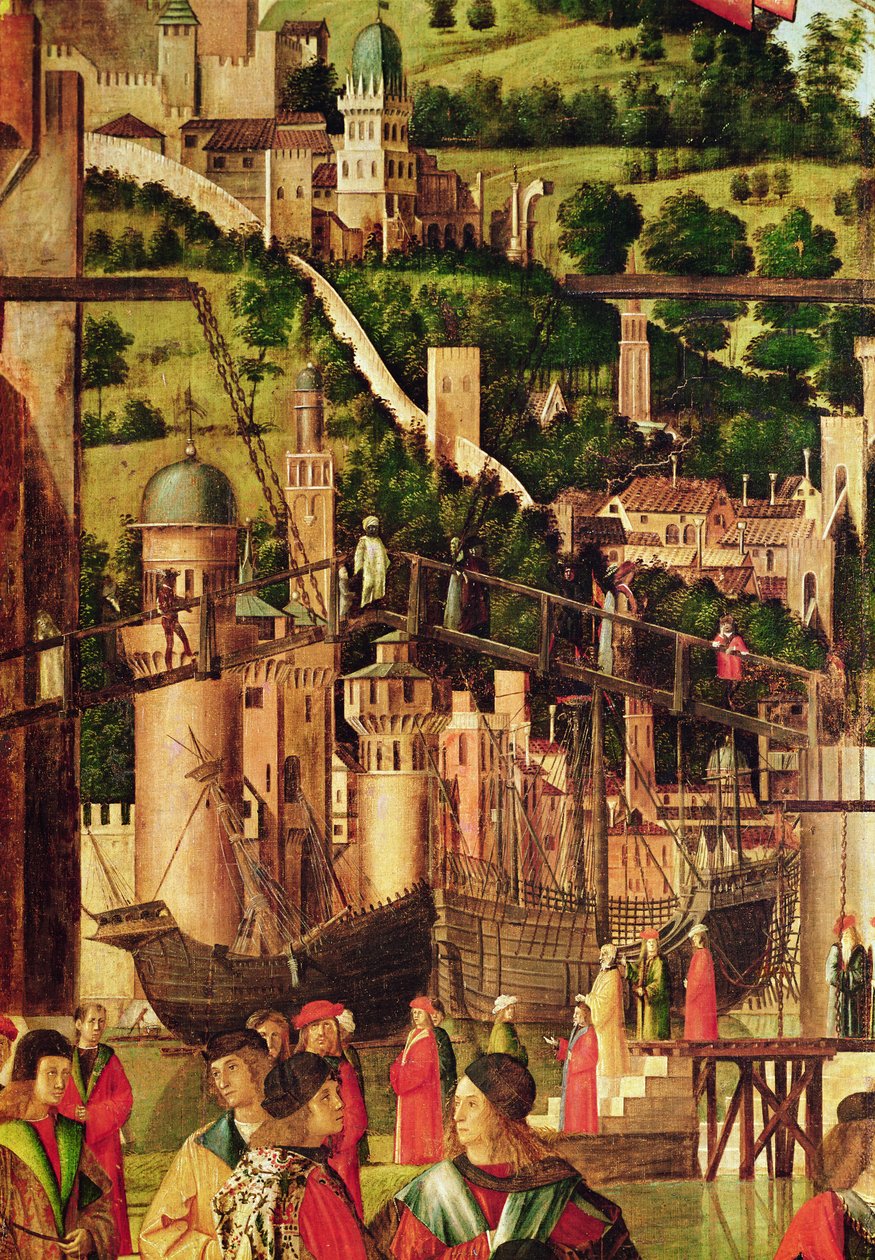 Detail des Treffens von Etherius und Ursula und der Abreise der Pilger, aus dem St. Ursula-Zyklus, ca. 1490-96 (Detail) von Vittore Carpaccio