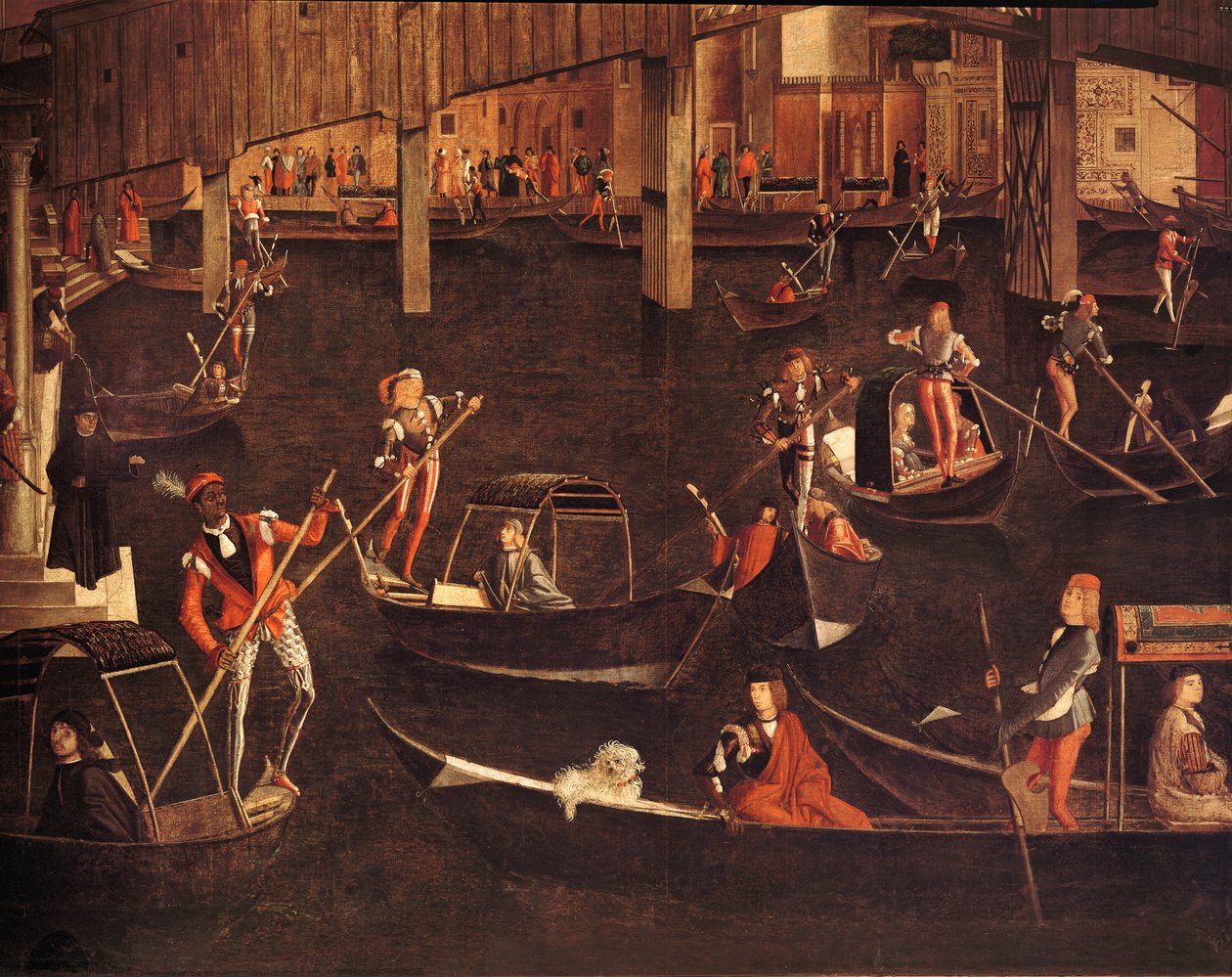 Gondoliere auf dem Canal Grande, Detail aus Das Wunder des wahren Kreuzes auf der Rialto-Brücke, 1494 (Detail) von Vittore Carpaccio