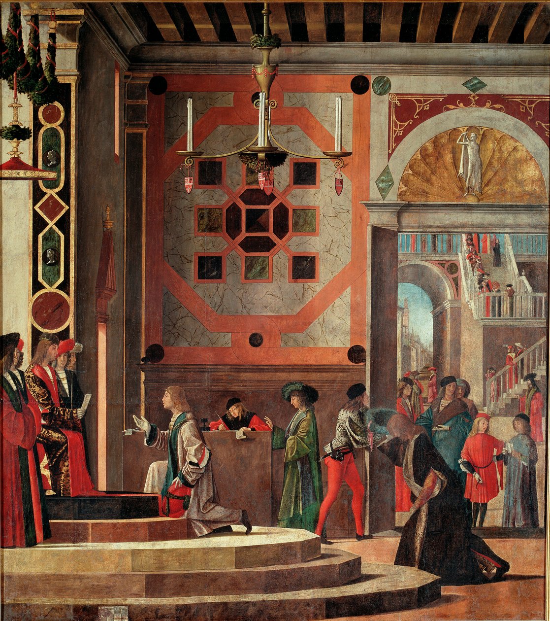 Zyklus des Lebens der Heiligen Ursula, zweite Tafel: Abschied (oder Abreise) der Botschafter von Vittore Carpaccio