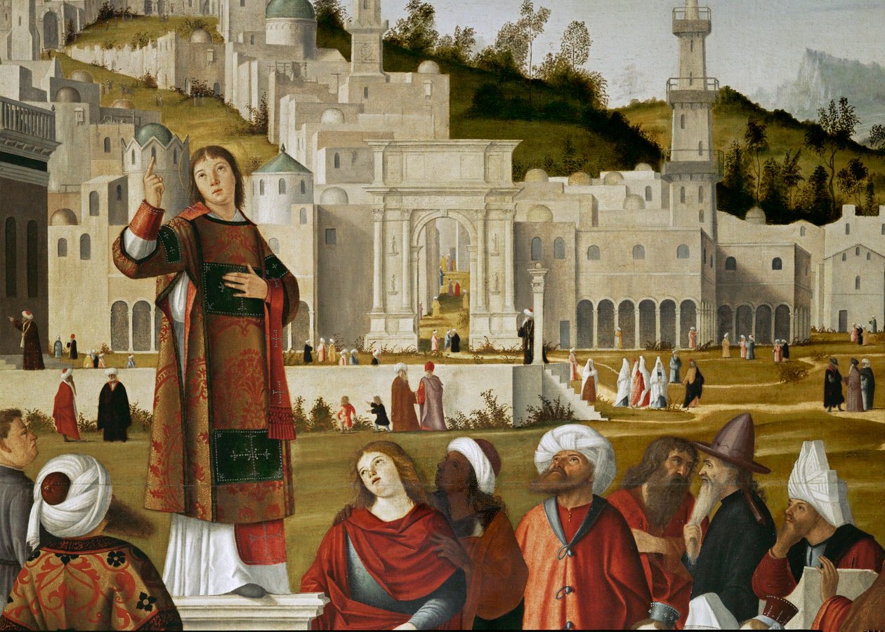 Predigt des Heiligen Stephanus innerhalb der Mauern des Salomonischen Tempels in Jerusalem von Vittore Carpaccio