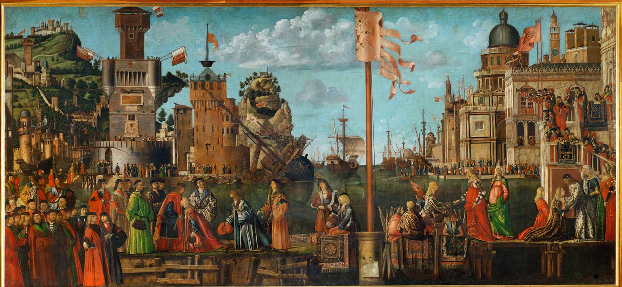 Das Treffen von Ursula und ihrem Verlobten Ereo; Abreise der Pilger von Vittore Carpaccio