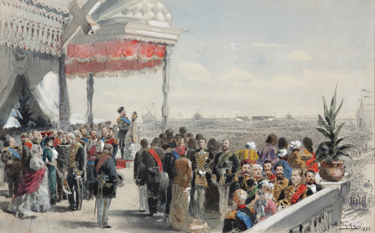 Öffentliche Feierlichkeiten nach der Krönung von Kaiser Alexander III. auf dem Khodynka-Feld, 1883 von Vladimir Egorovic Makovsky
