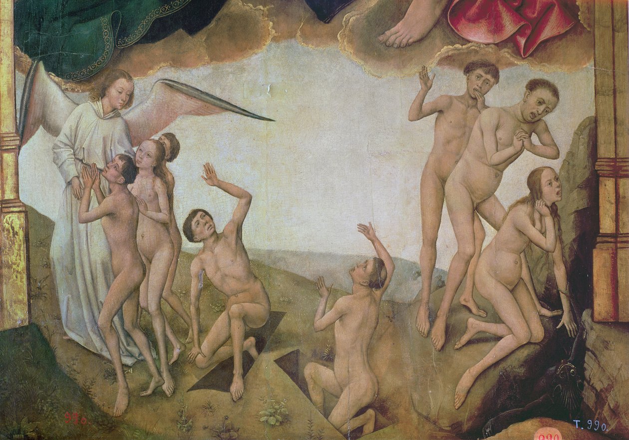 Ein Engel begrüßt die Gesegneten im Himmel, während rechts die Verdammten von Teufeln in die Hölle gezogen werden, Detail des Jüngsten Gerichts und der Auferstehung der Toten aus dem Erlösungstriptychon von Vrancke van der Stockt