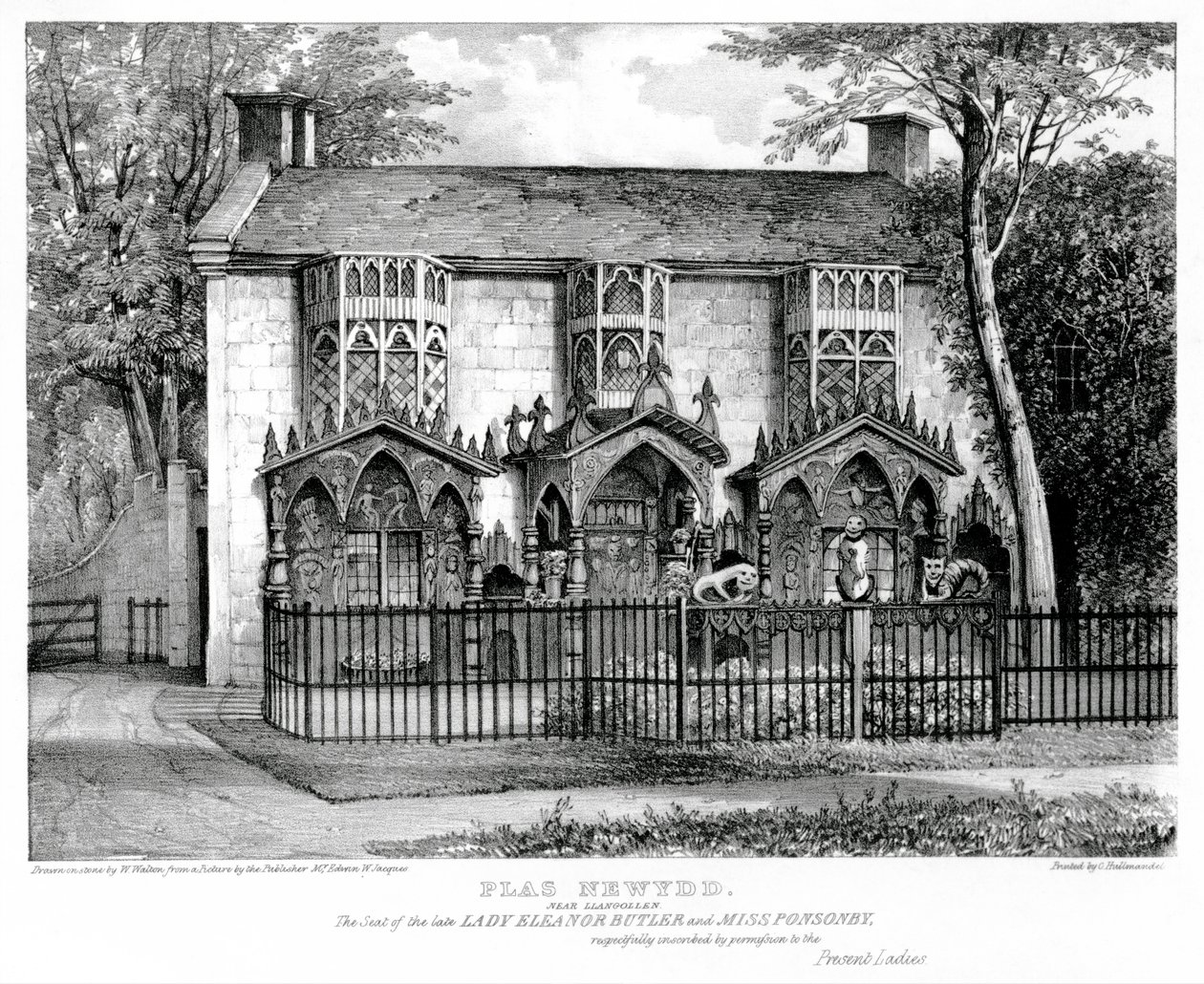 Plas Newydd, in der Nähe von Llangollen, Sitz der verstorbenen Lady Eleanor Butler (ca. 1745-1829) und Miss Sarah Ponsonby (gest. 1831), gedruckt von Charles Joseph Hullmandel (1789-1850) von W. after Walton