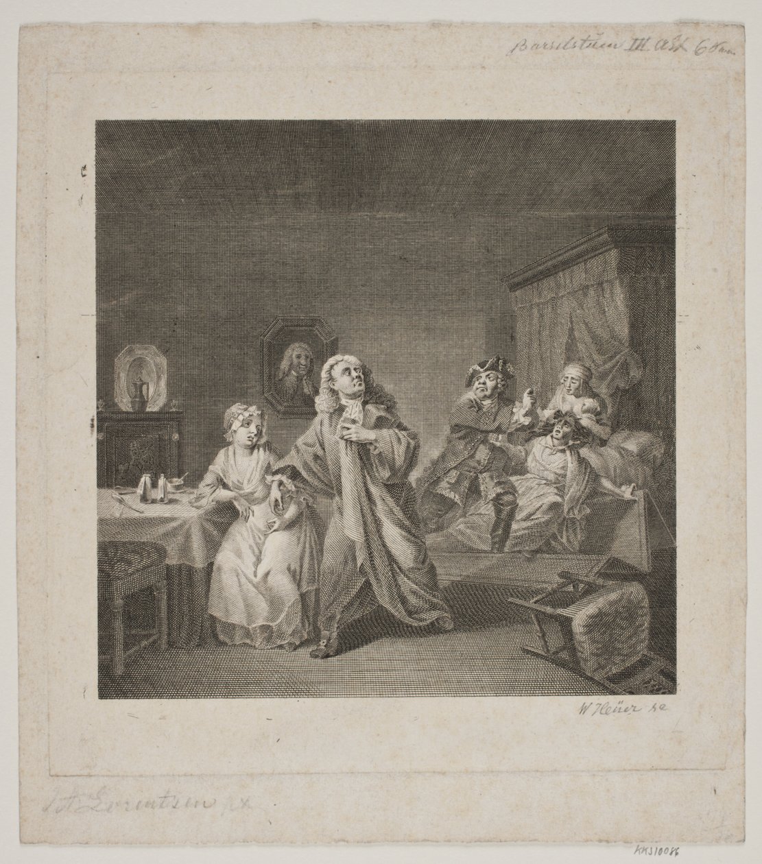 Barselsstuen III. Akt 6. Szene. Gravur nach Lorenzens Holberg Galerie. von WIlhelm Heuer