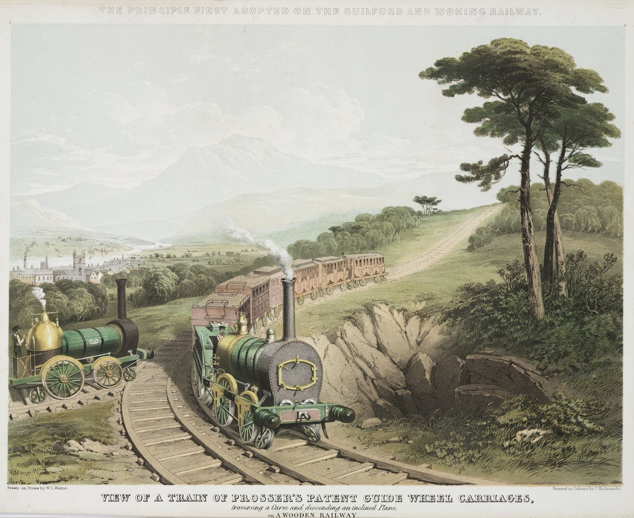 Ansicht eines Zuges von Prossers Patent-Führungsradwagen, ca. 1845 von W.L. Walton
