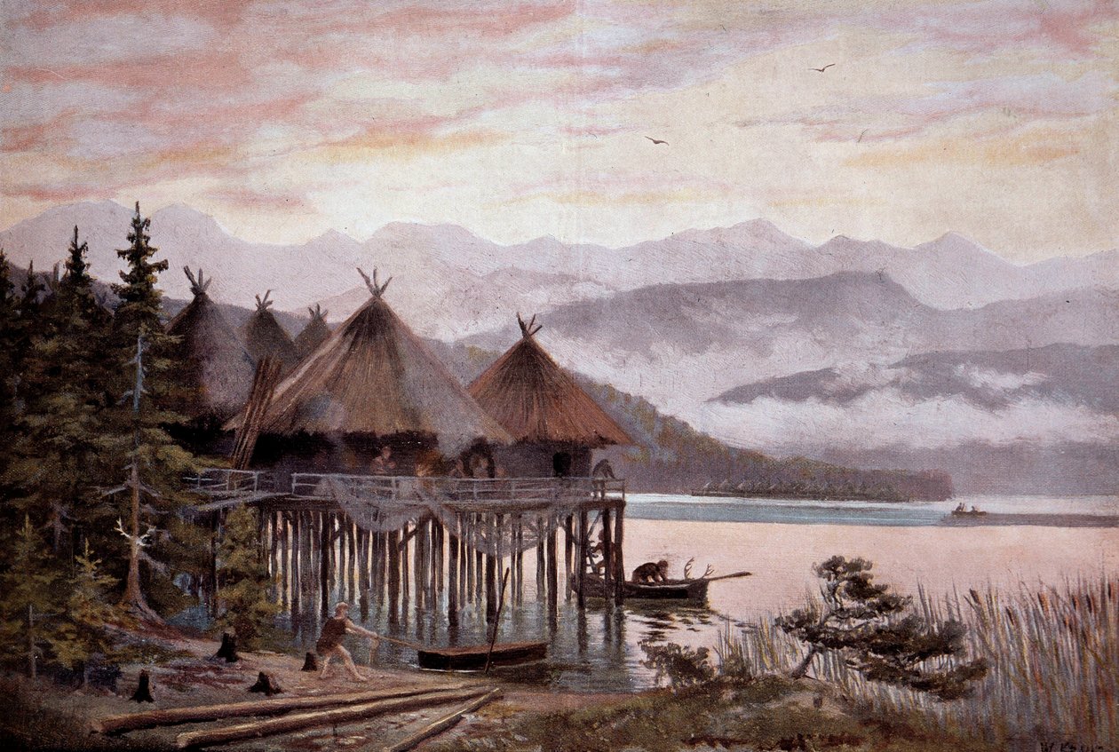 Prähistorie: Dorf auf Pfählen am Ufer des Zürichsees in der Steinzeit. Pfahlbaudorf, prähistorische Seesiedlung. Nach einem Gemälde von W. Kranz, 20. Jahrhundert von W. (after) Kranz