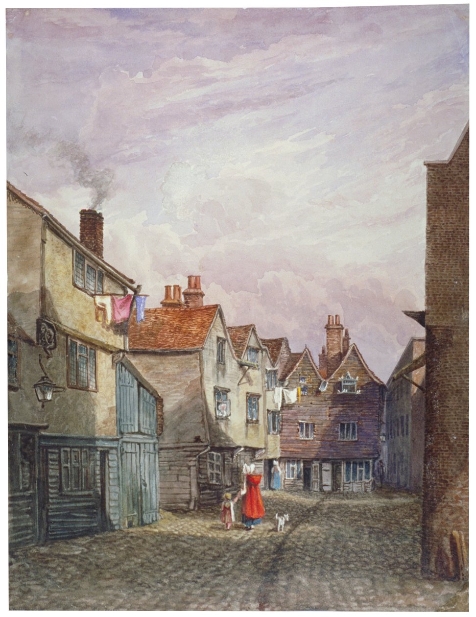 Ansicht einer Frau und eines Kindes, die Crown Court, Bermondsey, London, hinuntergehen, ca. 1825 von W Barker