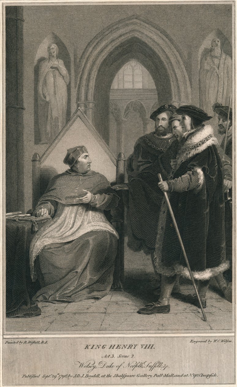 König Heinrich VIII. Akt 3. Szene 2. Wolsey, Herzog von Norfolk, Suffolk & Co, 1796 von W. C. Wilson