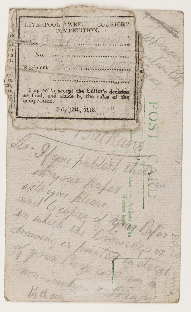 Postkarte an den Herausgeber des Liverpool Weekly Courier, 14. August 1918 von W. Dawson