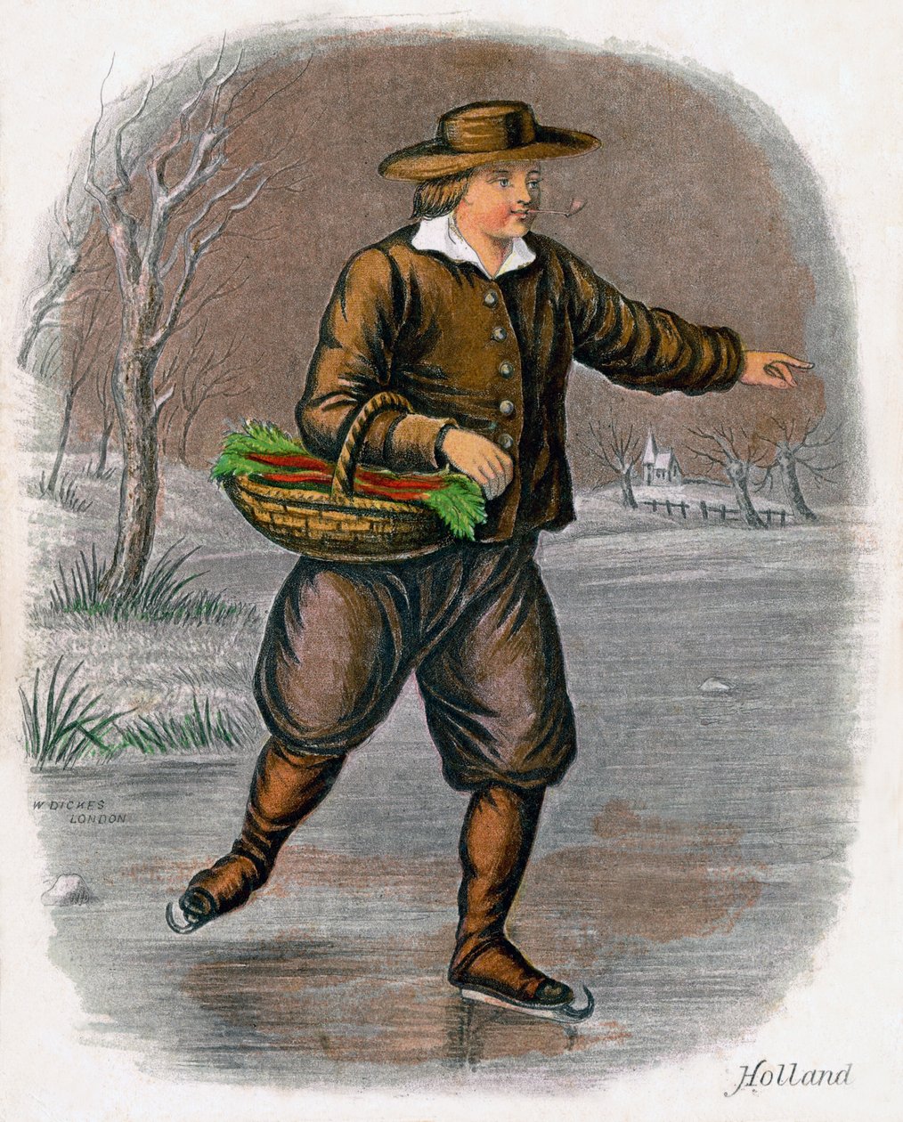 Niederländischer Mann beim Schlittschuhlaufen mit einem Korb Gemüse, 1809 von W. Dickes