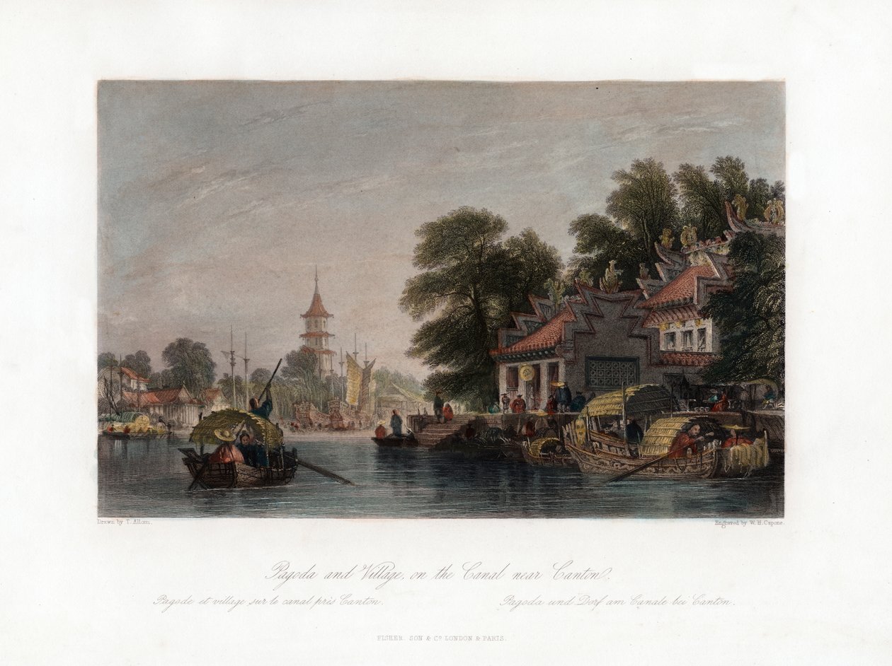 Pagode und Dorf am Kanal in der Nähe von Kanton, China, ca. 1840 von W. H. Capone