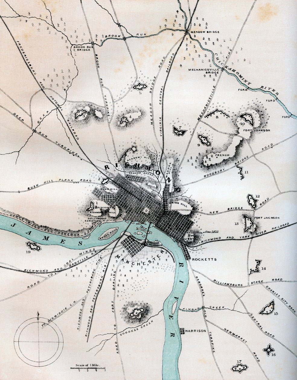 Eine Karte von Richmond und Umgebung mit allen Batterien, 1862-1867 von W Kemble