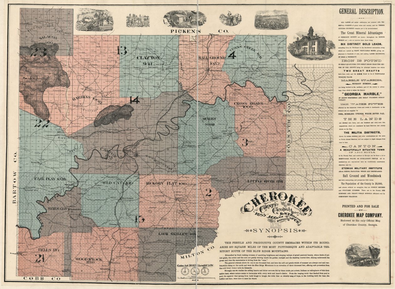 Englisch:  Zeigt die Nummern der Grundstücke/Blöcke und die Namen der Bewohner. Als einzige offizielle Karte von Cherokee County bestätigt. Zwei Blätter zusammengefügt zu 1, auf Leinen aufgezogen. LC Landbesitzkarten, 87 Enthält Text und Abbildungen. Erhäl von W. P. Bullock