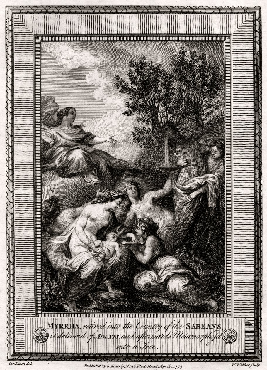 Myrrha, zurückgezogen ins Land der Sabäer, gebiert Adonis (1775) von W. Walker