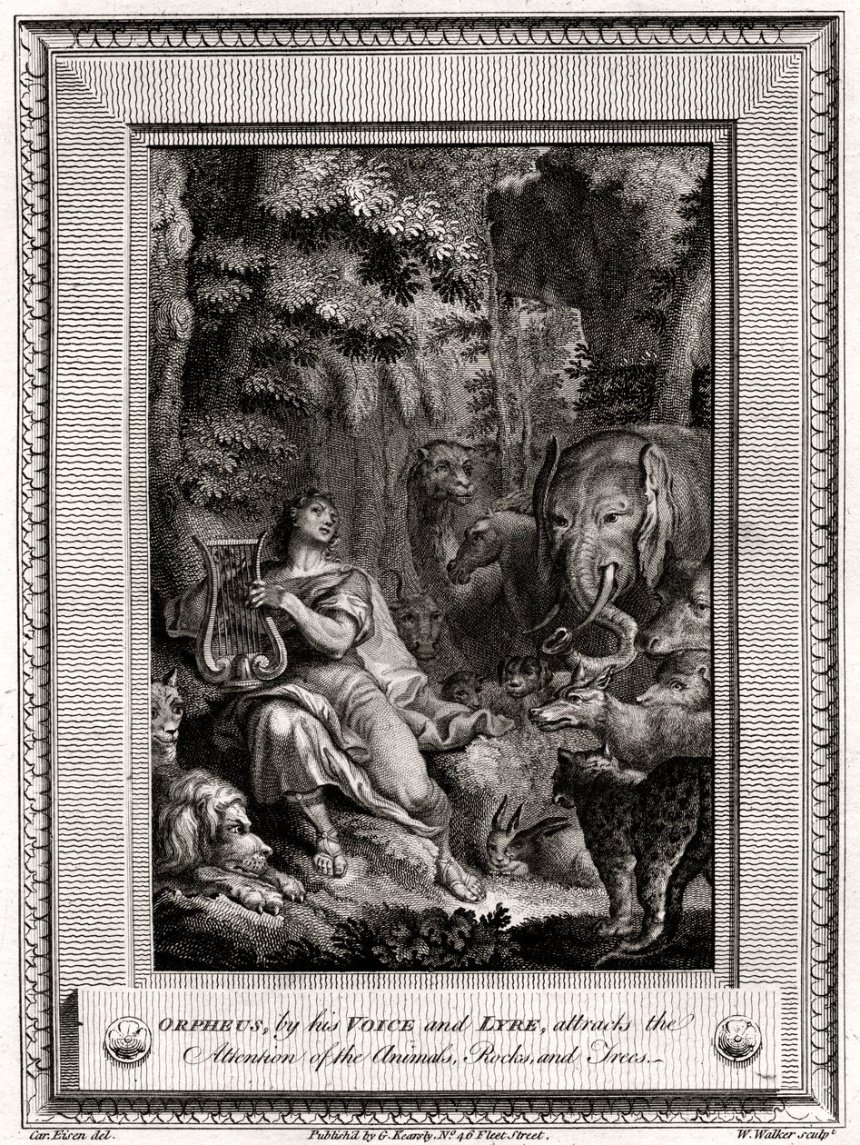 Orpheus, durch seine Stimme und Leier, zieht die Aufmerksamkeit der Tiere, Felsen und Bäume auf sich, 1774 von W. Walker