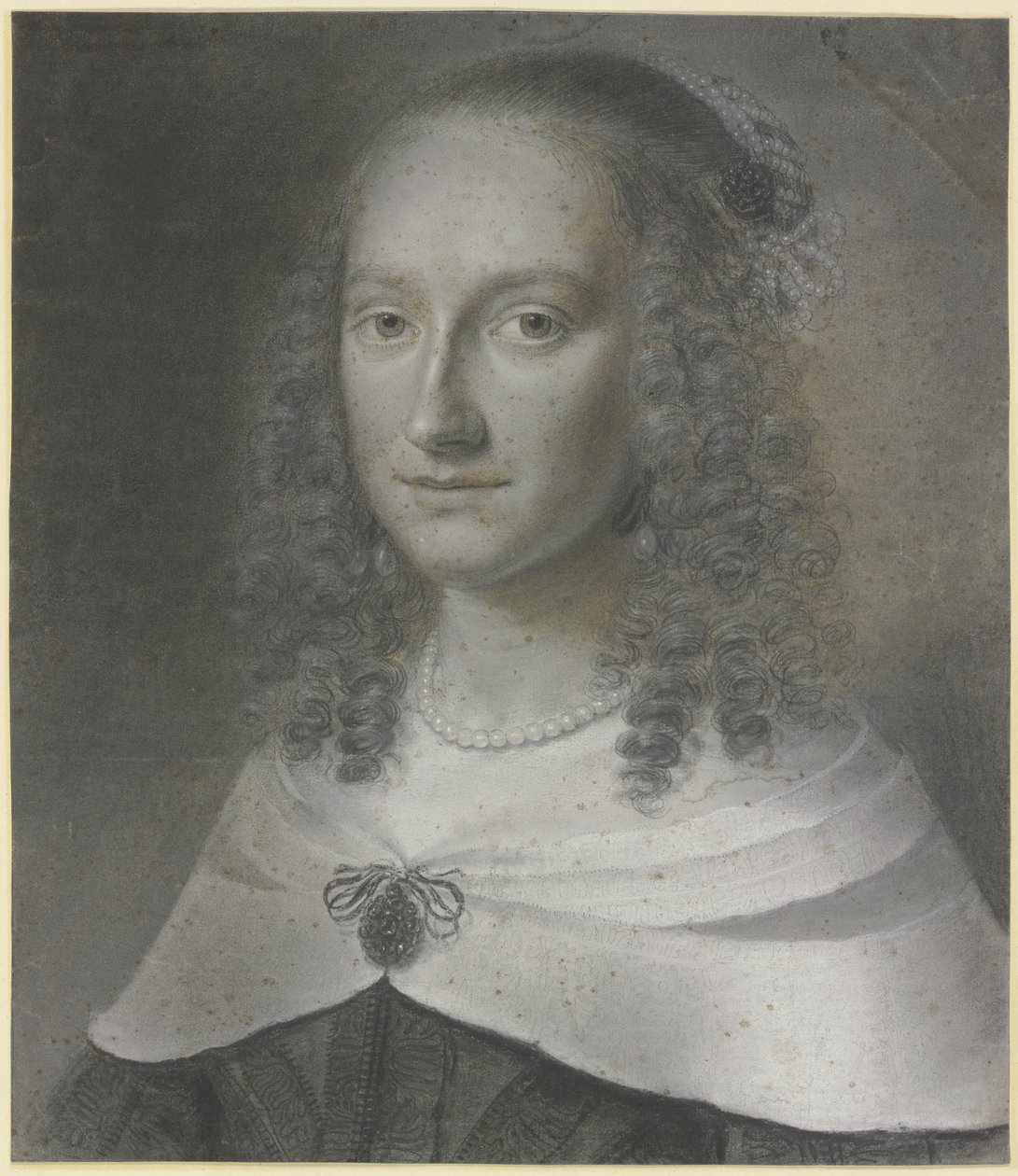 Brustbild einer Dame mit langen Locken und weißem Umschlagetuch, gehalten von einer Agraffe von Wallerant Vaillant