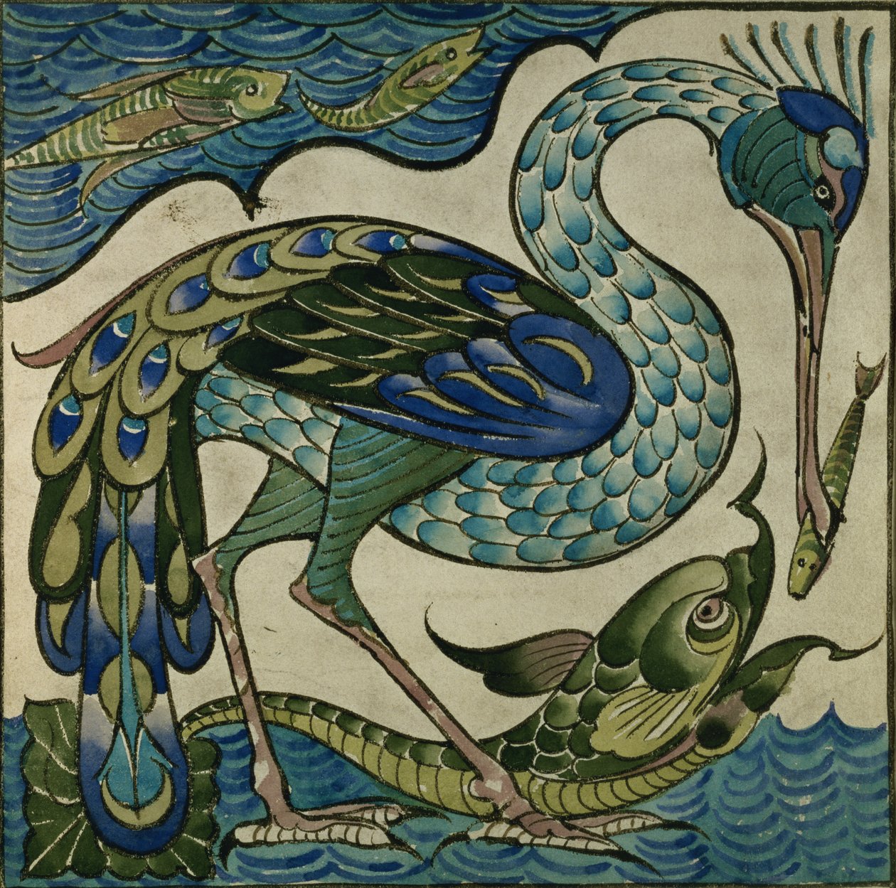 Fliesendesign von Reiher und Fisch, von Walter Crane (1845-1915) von Walter Crane
