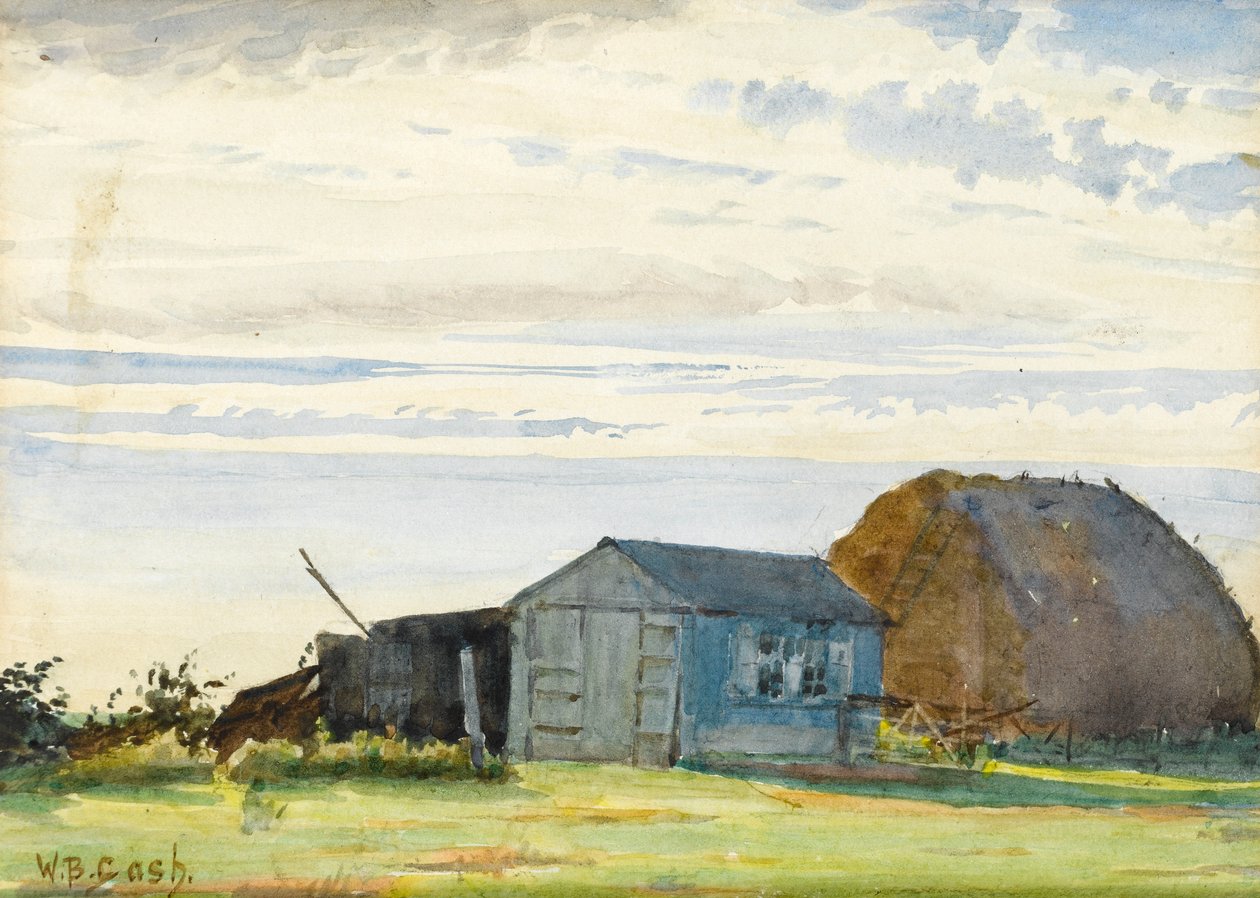 Heuhaufen, Hütten mit Feld im Vordergrund von Walter Bonner Gash