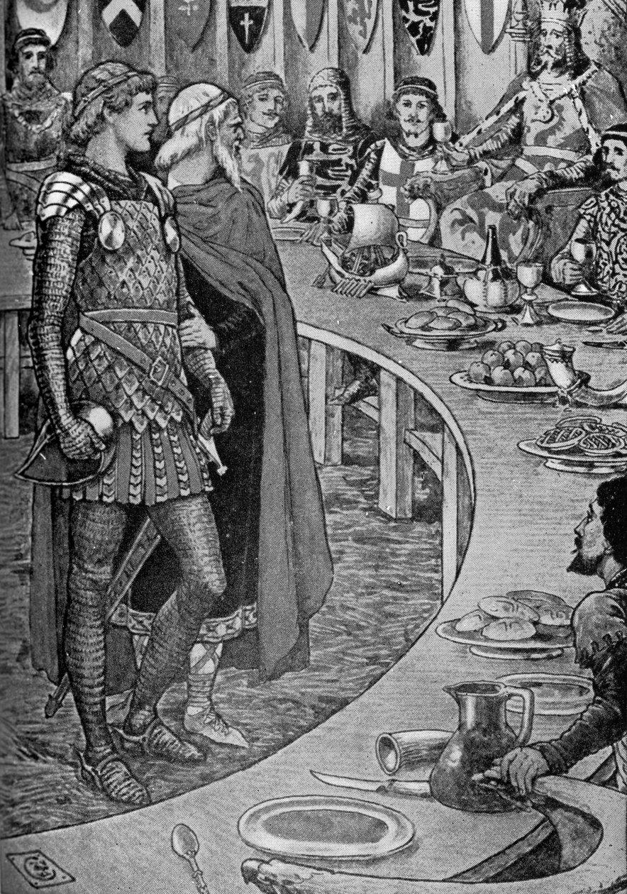 König Artus - Ein alter Mann präsentiert Sir Galahad. von Walter Crane