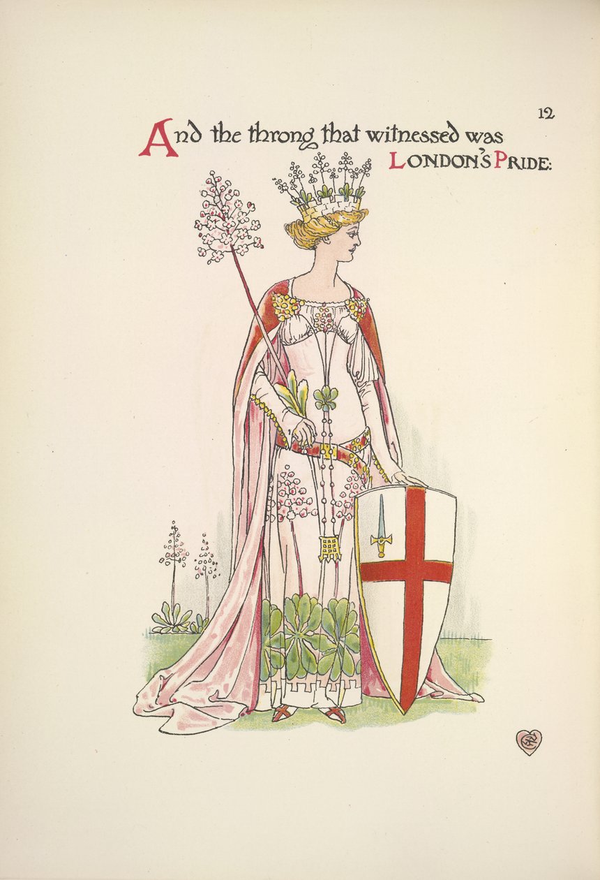 Londons Stolz. Eine junge Frau hält ein Schild mit dem Kreuz des heiligen Georg von Walter Crane