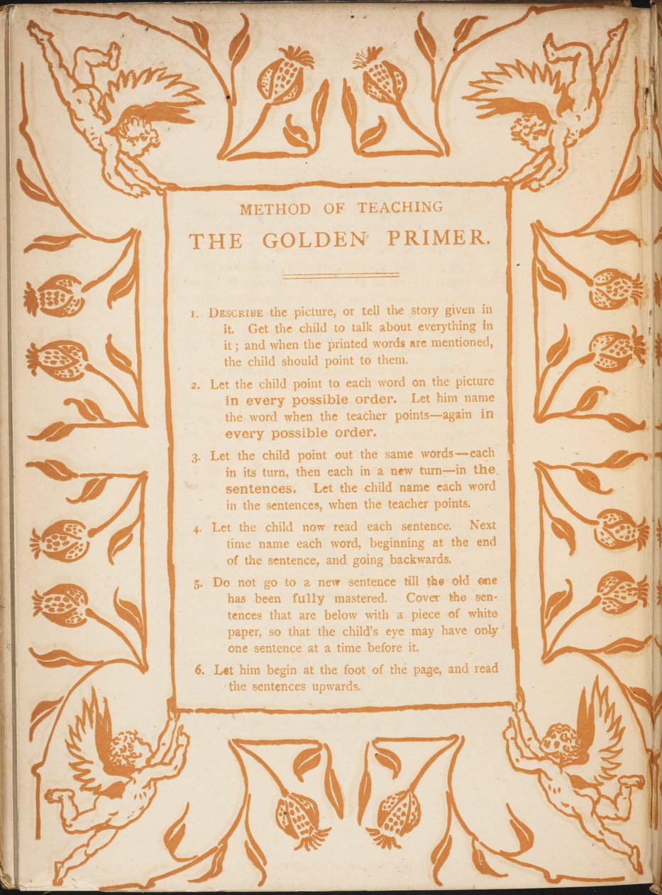 Methode zum Unterrichten des goldenen Primers. Blumengrenzen mit Putten. von Walter Crane