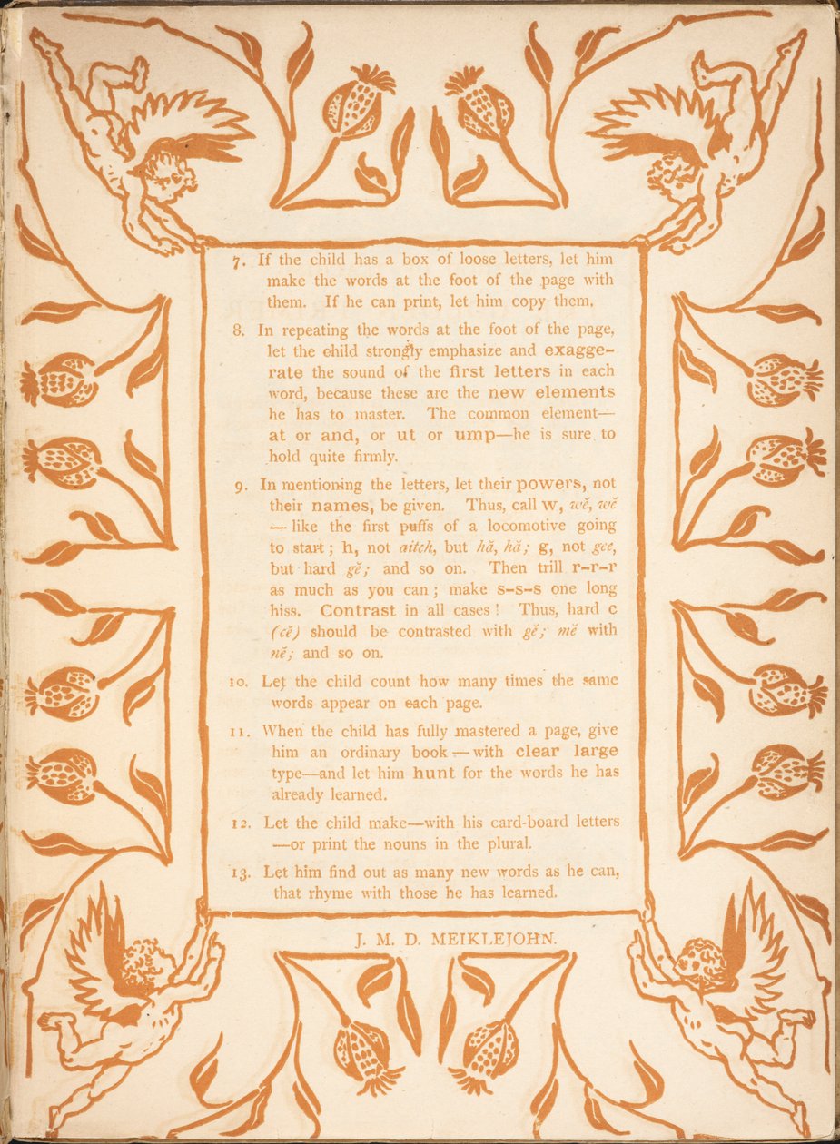 Leseanweisungen für ein Kind. Eine Blumengrenze mit Putten. von Walter Crane