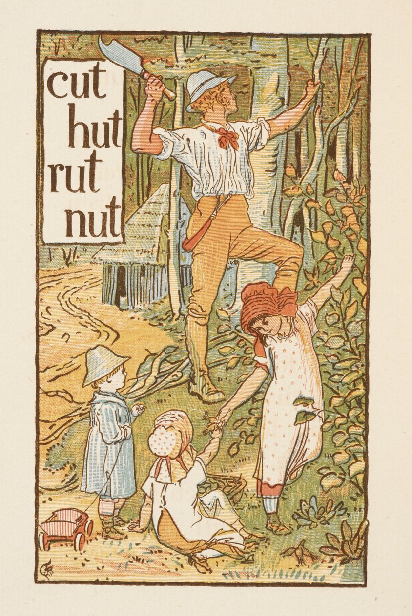 Reimwörter, die mit dem Buchstaben T enden. Eine Illustration, die einen Mann zeigt, der einen Baum fällt. Drei Kinder sind bei ihm. Der goldene Primer. von Walter Crane