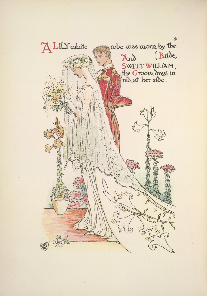 Die Braut und der Bräutigam. Ein lilienweißes Gewand, getragen von der Braut, und Sweet William, der Bräutigam, in Rot gekleidet von Walter Crane