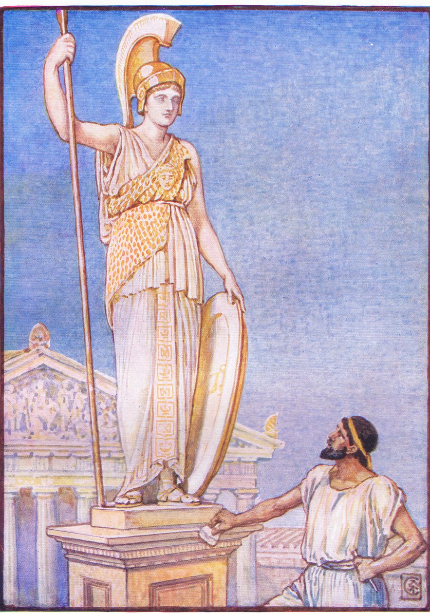 Die Figur der Göttin war eine kolossale, Illustration aus Die Geschichte Griechenlands, 1930er Jahre von Walter Crane