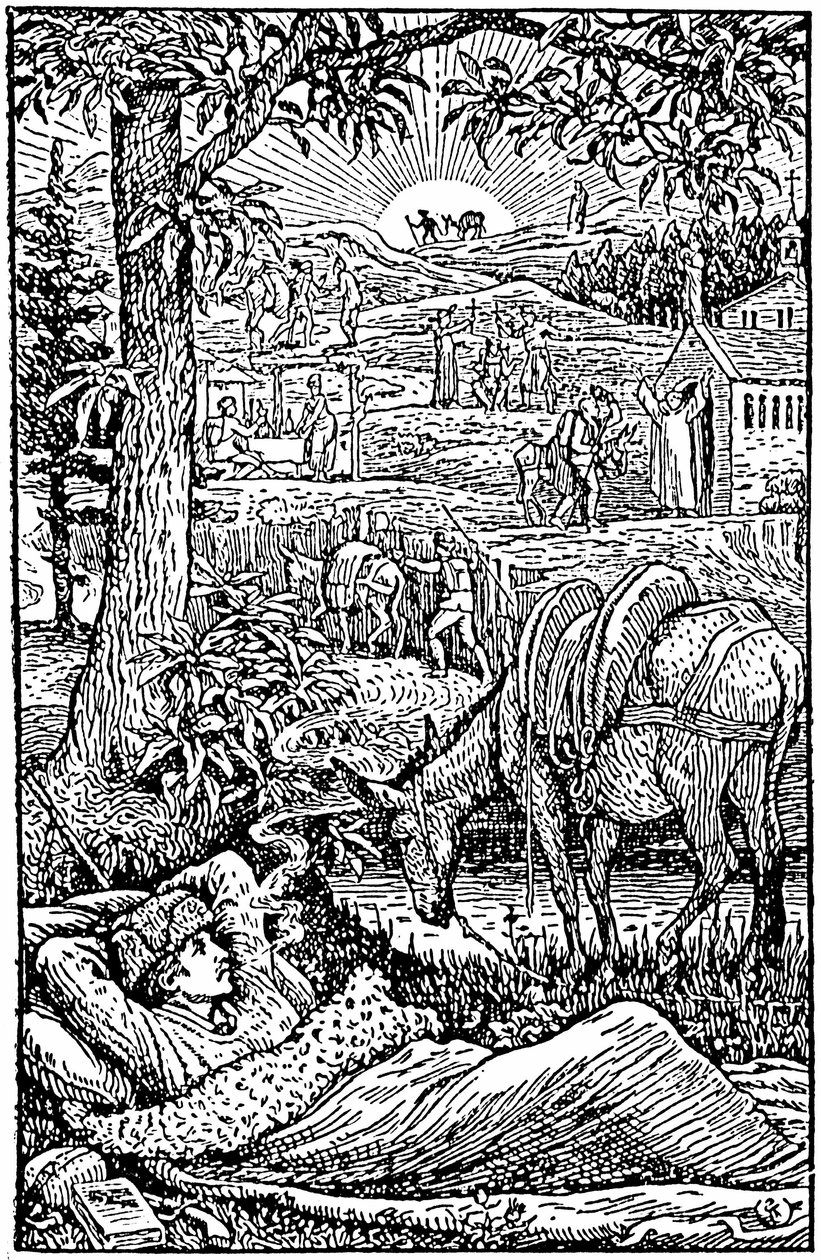 Reisen mit einem Esel in den Cevennen, von Robert Louis Stevenson. Abend, der Schriftsteller träumt während eines Nachtstopps, nahe seiner Eselin Modestine. Frontispiz der ersten englischen Ausgabe (1879), Holzschnitt von Walter Cra von Walter Crane