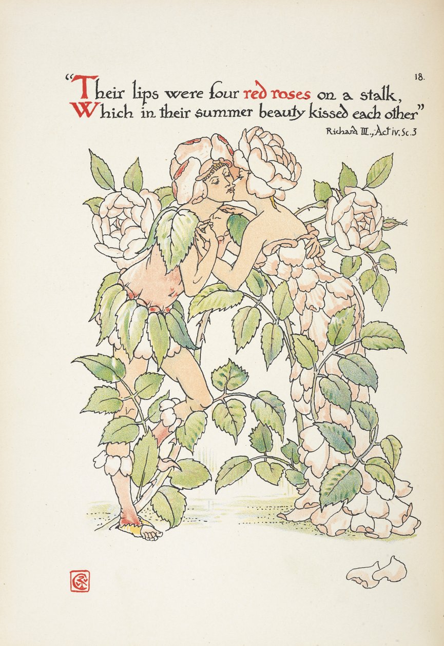 Zwei Figuren, die sich als Rosen verkleidet küssen von Walter Crane